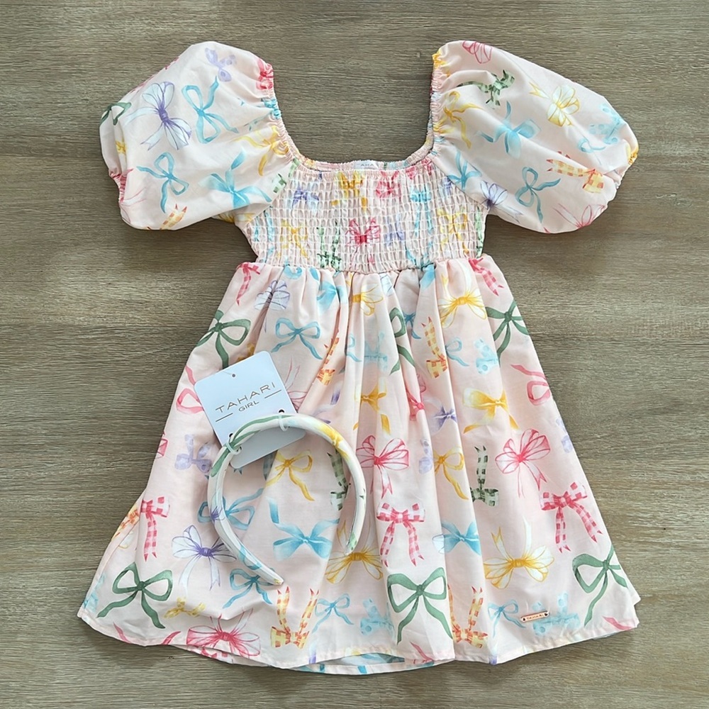 Tahari Toddler Girl Bow Print Smocked Puff Sleeve Dress Headband 4